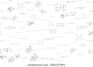 fórmulas y expresiones matemáticas, físicas, algebraicas. El fondo científico vectorial se dibuja a mano en una tabla blanca.