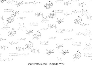 mathematical, physical, algebraic formulas and expressions. The scientific, vector background is hand-drawn on a white board..
