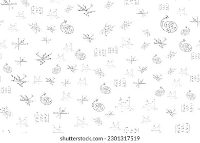 fórmulas y expresiones matemáticas, físicas, algebraicas. El fondo científico vectorial se dibuja a mano en una tabla blanca.