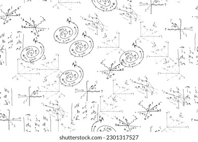 mathematical, physical, algebraic formulas and expressions. The scientific, vector background is hand-drawn on a white board..