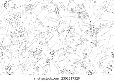 mathematical, physical, algebraic formulas and expressions. The scientific, vector background is hand-drawn on a white board..