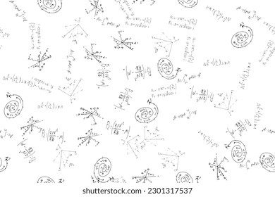 fórmulas y expresiones matemáticas, físicas, algebraicas. El fondo científico vectorial se dibuja a mano en una tabla blanca.