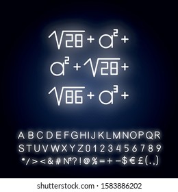 Mathematical problem neon light icon. Math puzzle. Mental exercise. Recreational mathematics. Intelligence test. Glowing sign with alphabet, numbers and symbols. Vector isolated illustration