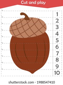 Mathematical puzzle for children. We cut and play. We count on 10. Acorn