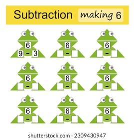 Mathematical puzzle game for kids. Subtraction. Making 6. Vector illustration.