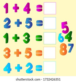 Mathematical puzzle game. Learning mathematics, tasks for addition for preschool children. worksheet for preschool kids - vector.