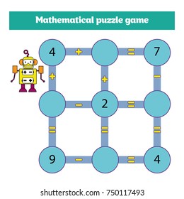 Mathematical puzzle game. Learning mathematics, tasks for addition for preschool children. worksheet for preschool kids - vector.