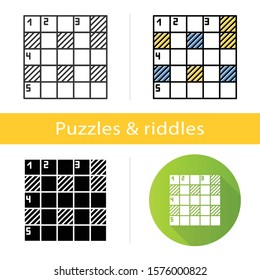 Mathematical puzzle icon. Sudoku. Number placement. Logic game. Cryptic crosswords. Mental exercise. Ingenuity test. Brain teaser. Flat design, linear and color styles. Isolated vector illustrations