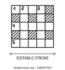 Mathematical puzzle linear icon. Sudoku grid. Number placement. Logic game. Cryptic crosswords. Brain teaser. Thin line illustration. Contour symbol. Vector isolated outline drawing. Editable stroke
