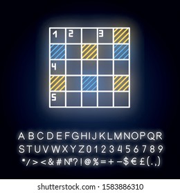 Mathematical puzzle neon light icon. Sudoku grid. Number placement. Logic game. Cryptic crosswords. Brain teaser. Glowing sign with alphabet, numbers and symbols. Vector isolated illustration