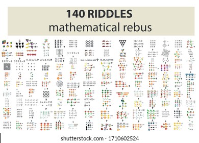 Mathematical rebus 140 puzzles on the development of thinking. Riddles are isolated from each other. Vector