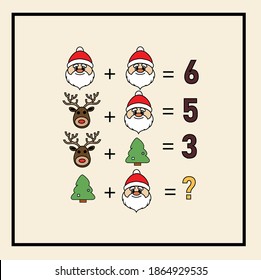 Mathematical rebus. Counting game for preschool children.  picture educational game with Santa Claus Christmas characters. Riddle with numbers. Vector