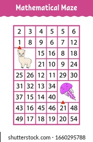 Mathematical rectangle maze. Alpaca and jellyfish. Game for kids. Number labyrinth. Education worksheet. Activity page. Riddle for children. Cartoon characters.