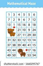 Mathematical rectangle maze. bear and yak. Game for kids. Number labyrinth. Education worksheet. Activity page. Riddle for children. Cartoon characters.