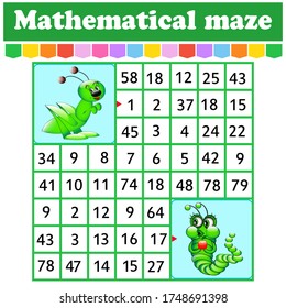 Mathematical rectangle maze. Caterpillar and grasshopper. Game for kids. Number labyrinth. Education worksheet. Activity page. Riddle for children. Cartoon characters.