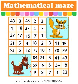 Mathematical rectangle maze.cat and dog . Game for kids. Number labyrinth. Education worksheet. Activity page. Riddle for children. Cartoon characters.