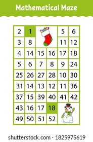 Mathematical rectangle maze. Game for kids. Number labyrinth. Education worksheet. Activity page. Riddle for children. Cartoon characters.