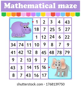 Mathematical rectangle maze. Hippo and elephant. Game for kids. Number labyrinth. Education worksheet. Activity page. Riddle for children. Cartoon characters.