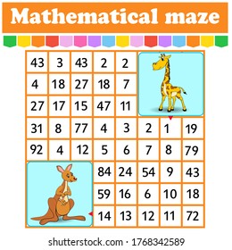 Mathematical rectangle maze. kangaroo and giraffe  . Game for kids. Number labyrinth. Education worksheet. Activity page. Riddle for children. Cartoon characters.
