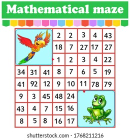 Mathematical rectangle maze. Parrot and frog. Game for kids. Number labyrinth. Education worksheet. Activity page. Riddle for children. Cartoon characters.