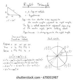 Mathematical relationships between the sides and the angles of the triangle, handwritten formulas and definition background. Math education vector tasks, plots, calculations and geometrical figures.