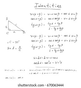 Mathematical relationships between the sides and the angles of the triangle, handwritten formulas and definition background. Math education vector tasks, plots, calculations and geometrical figures.