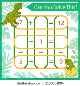 Mathematical riddle. Count game with cute cartoon dinosaurs. Solve a mathematics problem. Children funny entertainment. Kids game and activity page for book. Vector illustration.