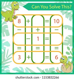 Mathematical riddle. Count game with cute cartoon dinosaurs. Solve a mathematics problem. Children funny entertainment. Kids educational activity page for book. Vector illustration.