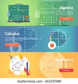 Mathematical science. Algebra. Calculus. Geometry. Exact sciences. Education and scientific banners set. Vector flat design concept.