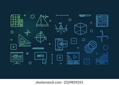 Mathematical Sciences concept linear colored horizontal banner. Math vector outline illustration with dark background