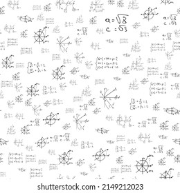 Fórmulas y expresiones matemáticas, científicas. Patrón educativo, sin fisuras vectoriales. fondo blanco dibujado a mano.