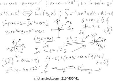 Mathematische, wissenschaftliche Formeln und Ausdrücke. Bildung, Vektorgrafik. Handgezeichnet auf weißem Hintergrund.