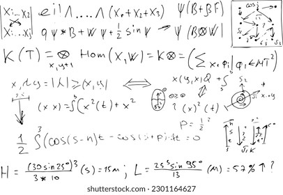 Fórmulas y expresiones científicas matemáticas. Formación educativa, escolar y universitaria. vector dibujado a mano sobre blanco,