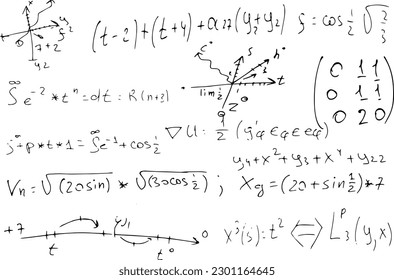 Mathematische wissenschaftliche Formeln und Ausdrücke. Bildung, Schule und Universitäten. handgezeichnete Vektorgrafik auf Weiß,