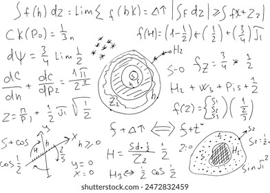 Fórmulas y expresiones matemáticas, científicas. Educativo, Ilustración vectorial. Dibujado a mano sobre un fondo blanco.	