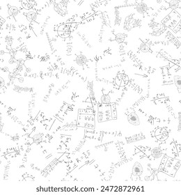Mathematical scientific formulas and expressions. Educational, school and university background. Seamless pattern. Hand-drawn vector on white. 