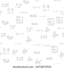 Mathematical scientific formulas and expressions. Educational, school and university background. Seamless pattern. Hand-drawn vector on white. 