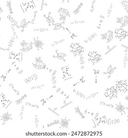 Fórmulas y expresiones científicas matemáticas. Formación educativa, escolar y universitaria. Patrón sin costuras. Vector dibujado a mano sobre blanco. 