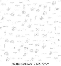 Fórmulas y expresiones científicas matemáticas. Formación educativa, escolar y universitaria. Patrón sin costuras. Vector dibujado a mano sobre blanco. 