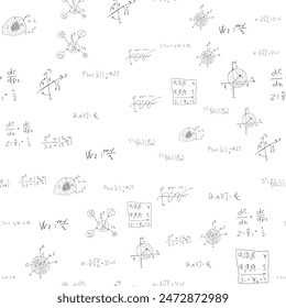 Mathematical scientific formulas and expressions. Educational, school and university background. Seamless pattern. Hand-drawn vector on white. 