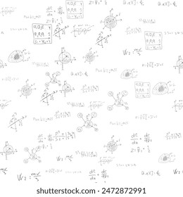Fórmulas y expresiones científicas matemáticas. Formación educativa, escolar y universitaria. Patrón sin costuras. Vector dibujado a mano sobre blanco. 