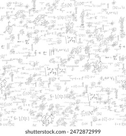Mathematical scientific formulas and expressions. Educational, school and university background. Seamless pattern. Hand-drawn vector on white. 