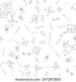 Mathematisch-wissenschaftliche Formeln und Ausdrücke. Bildungs-, Schul- und Hochschulhintergrund. Nahtloses Muster. Handgezeichnete Vektorgrafik auf Weiß. 