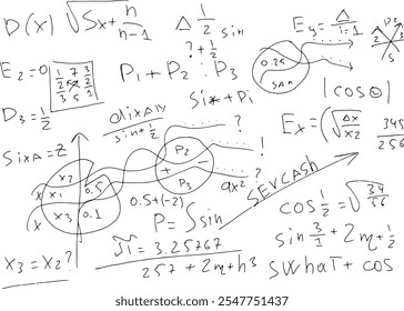 Fórmulas e expressões matemáticas e científicas. Educacional, ilustração vetorial. Desenhado à mão sobre um fundo branco.