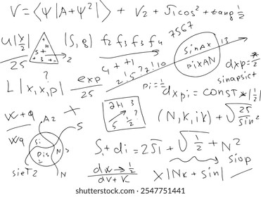 Fórmulas e expressões matemáticas e científicas. Educacional, ilustração vetorial. Desenhado à mão sobre um fundo branco.