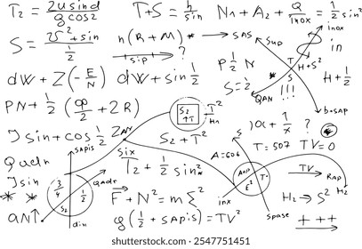 Fórmulas y expresiones matemáticas, científicas. Educativo, Ilustración vectorial. Dibujado a mano sobre un fondo blanco.