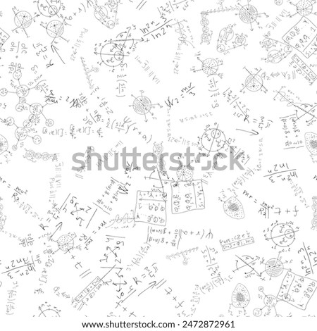 Mathematical scientific formulas and expressions. Educational, school and university background. Seamless pattern. Hand-drawn vector on white. 
