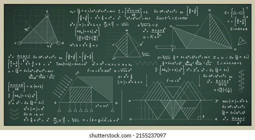 Mathematical and scientific formulas for finding the area of a triangle on a blackboard.