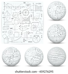 Mathematical and Scientific Math Formula Vector Symbols and Icons  - Flat and Textured 3D Sphere Design.