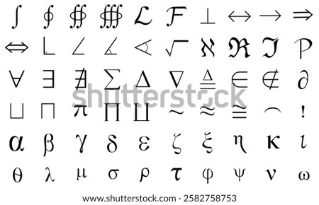 Mathematical and Scientific Symbols in a Vector Set for Academic and Educational Use, Greek Letters, Alphabets , Operators, algebra, Technical Symbols in a Vector form, versatile set
